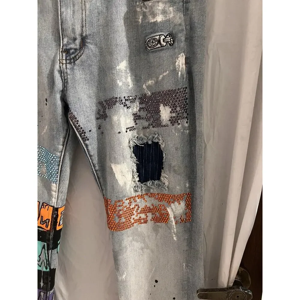 Sugarhill Running From The Demons Men’s Skinny Jeans Paint Splattered Sz 34